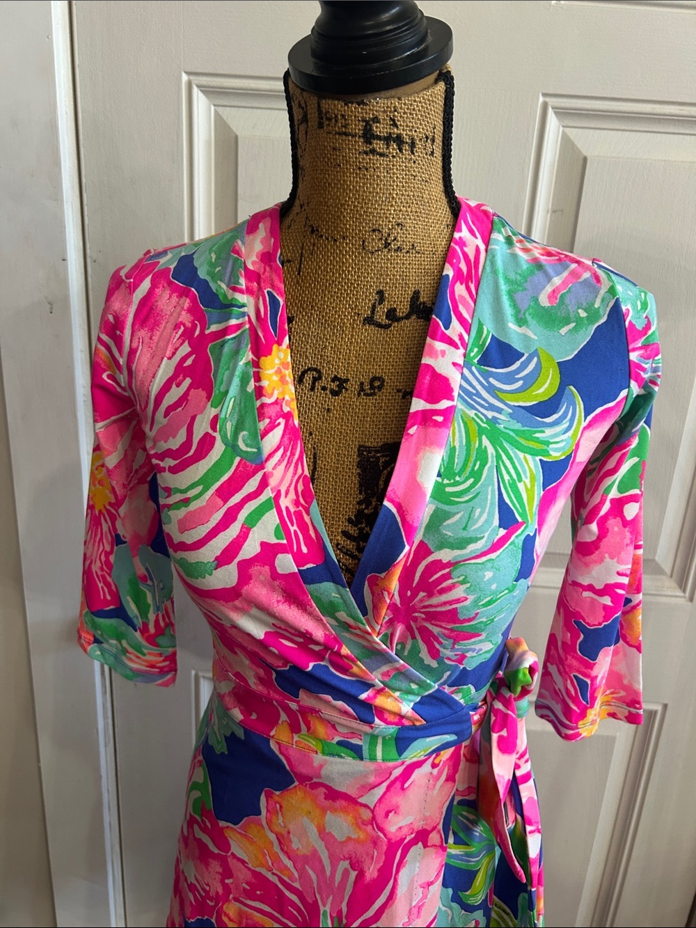 Lilly Pulitzer Pink, Blue & Green Floral Wrap Midi Dress - Picture 2 of 7